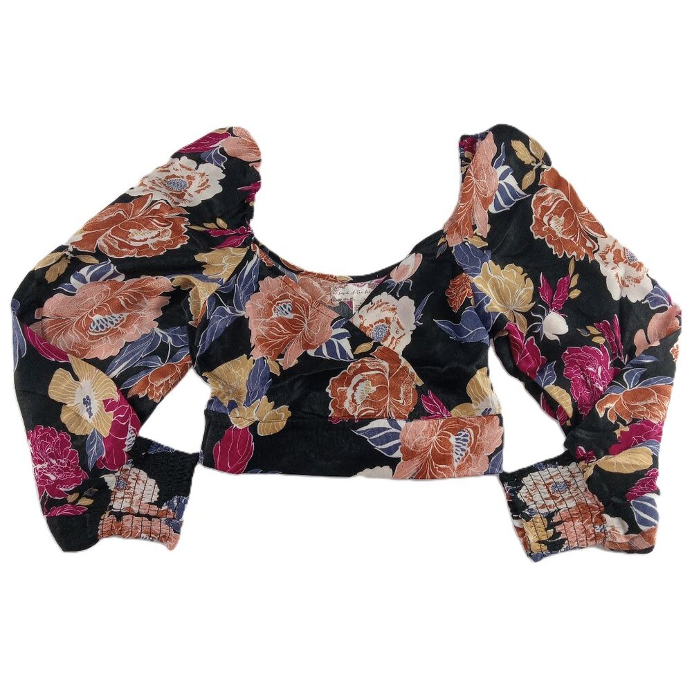 Band Of The Free Women's Faux Wrap Crop Top Size XS Black Berry Long Sleeve